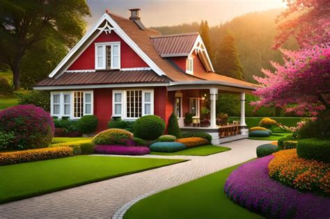 Premium Photo | A house with a red roof and a white trim