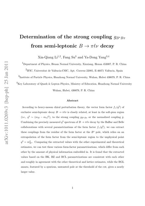 Pdf Determination Of The Strong Coupling G {b Bπ} From Semileptonic B→ πlν Decay