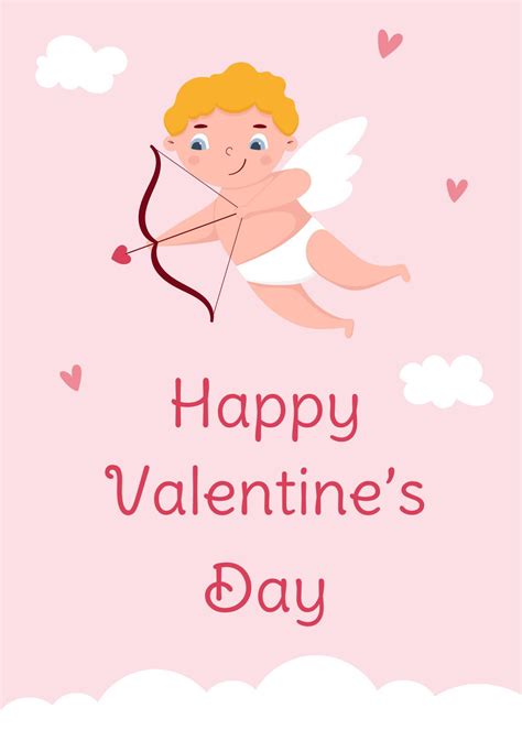 Valentine's Day greeting card. Cute cupid with bow and arrow. Template ...