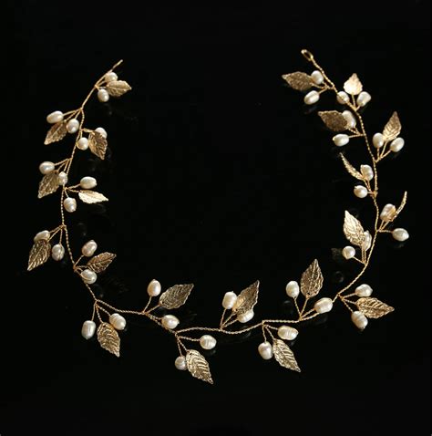 Fd013 Golden Leaves Freshwater Pearl Hairband Wedding Party Vacation