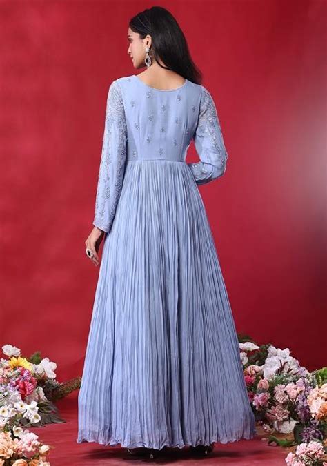 Buy Women Powder Blue Sequin Hand Embroidered Anarkali Kurta With