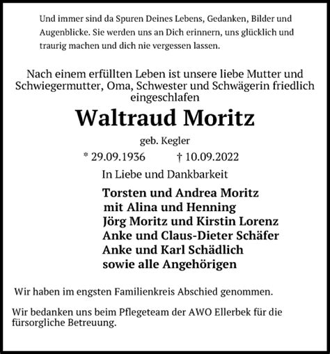 Traueranzeigen Von Waltraud Moritz Trauer Anzeigen De