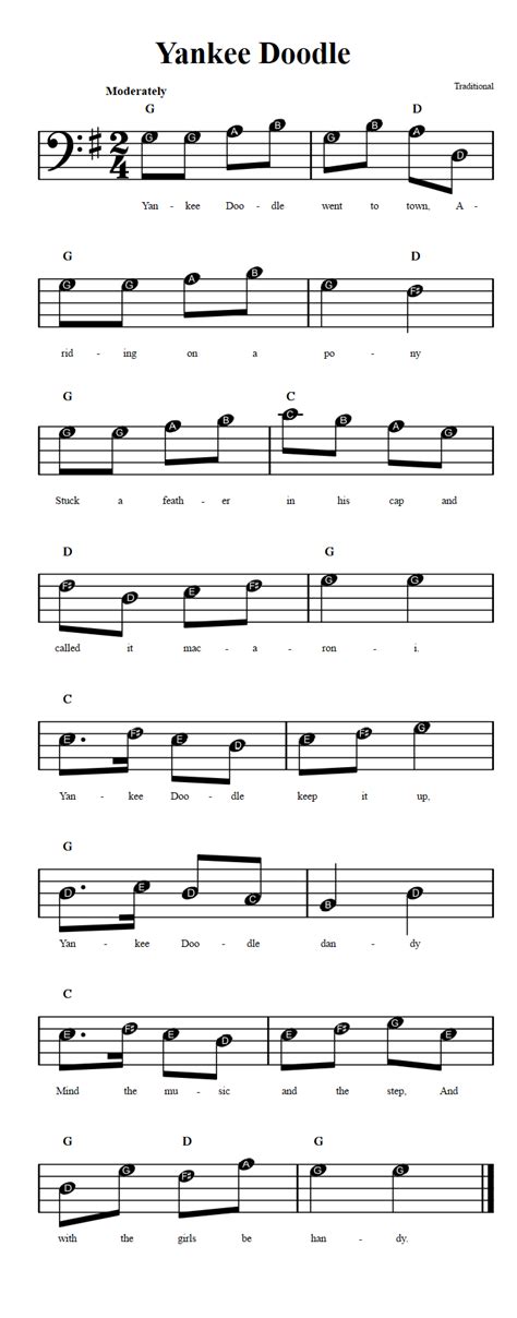 Yankee Doodle: Beginner Bass Clef Sheet Music with Chords and Lyrics