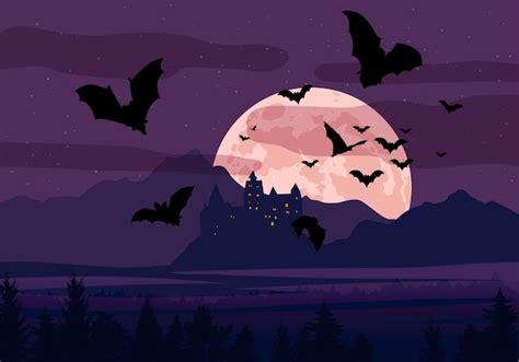 Ilustración de halloween silueta de murciélago bosque espeluznante