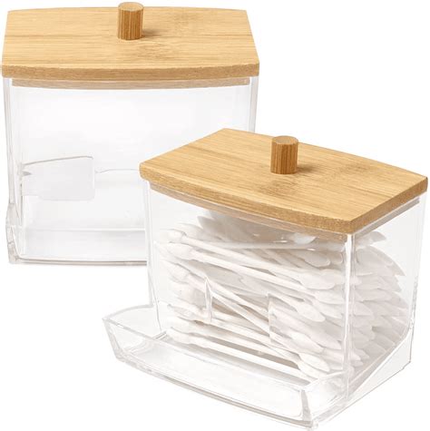 Pack Acrylic Qtip Holder With Bamboo Lid Clear Qtip Dispenser Cotton