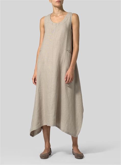 Khaki Gray Linen Sleeveless Long Dress Plus Size