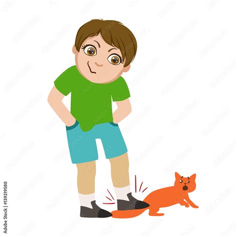 Boy Stepping On Cats Tail Part Of Bad Kids Behavior And Bullies Series