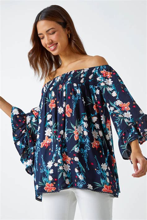 Navy Floral Frill Sleeve Bardot Top Roman Uk