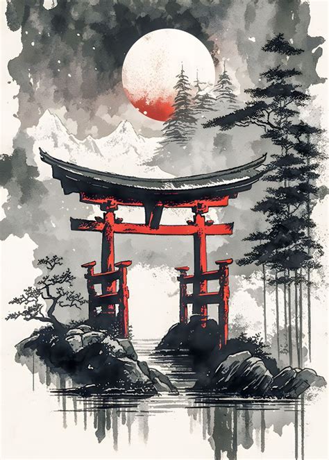 Japanese Torii Gate Ink Poster Picture Metal Print Paint By