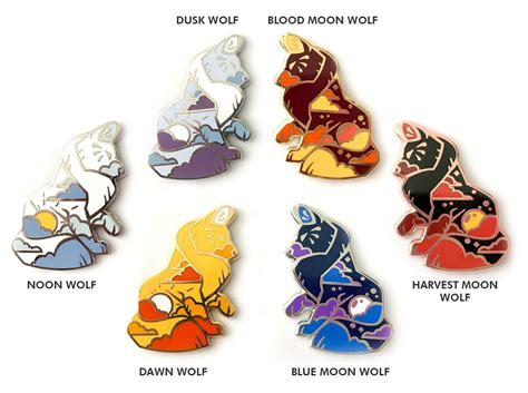 Solar And Lunar Wolf Pin Set Gold Silver Or Copper Plated Hard Enamel