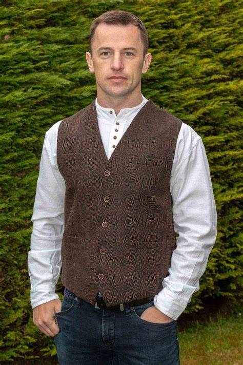 Farm Brown Groom Vests Wool Herringbone Tweed Vest Slim Fit Men S