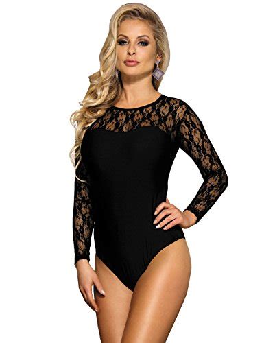 Comeondear Donna Body Sexy Manica Lunga Nero In Pizzo Lingerie Bodysuit