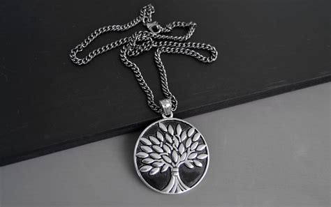 Mens Necklace Large Tree Of Life Pendant With Black Curb Etsy