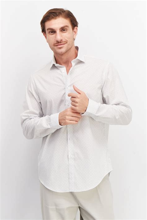 Buy Calvin Klein Men Slim Fit Allover Print Long Sleeves Dress Shirt White Navy Combo Online