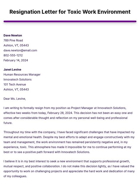 Resignation Letter For Toxic Work Environment Example Edit And Download