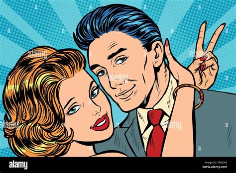 Couple In Love Hugs Victory Gesture Pop Art Retro Vector Illustration Vintage Kitsch Stock