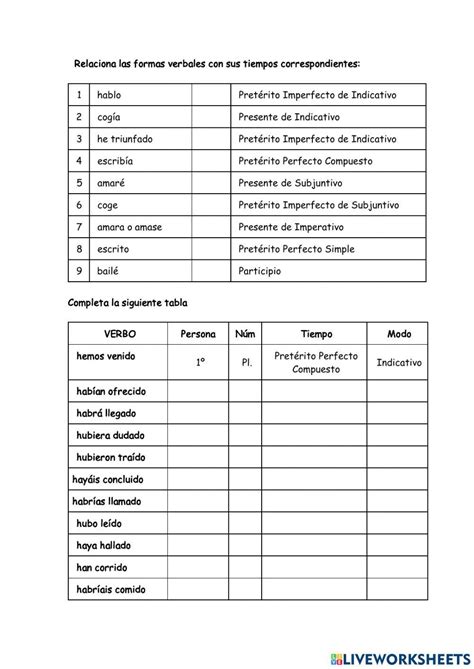 Ficha Tiempos Verbales Worksheet Live Worksheets