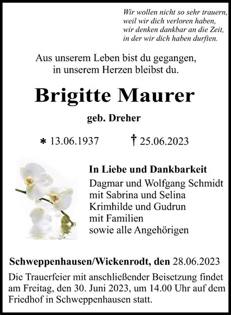 Traueranzeigen Von Brigitte Maurer Rz Trauer De