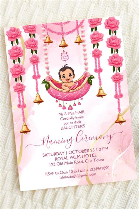 Baby Naming Cradle Indian Ceremony Pink Template Invitation Di