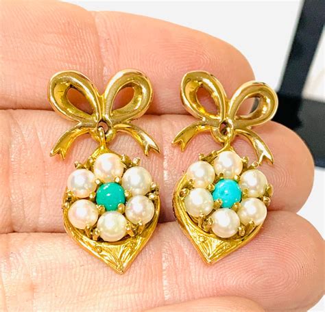 Stunning Heavy Vintage 9ct Gold Turquoise And Pearl Drop Earrings Stamped 9ct