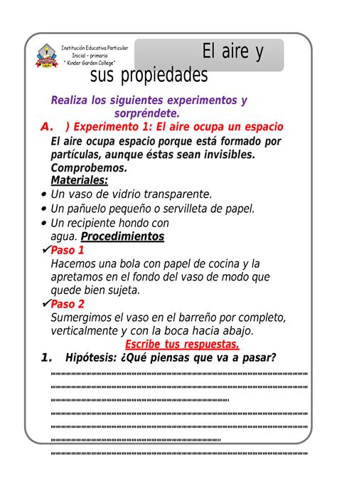 El Aire Y Sus Propiedades El Aire Y Sus Propiedades Realiza Los Siguientes Experimentos Y