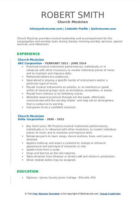 Church Musician Resume Samples Qwikresume