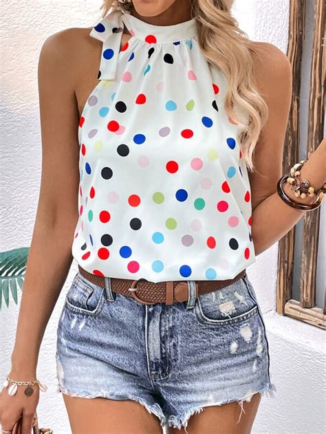 SHEIN VCAY Polka Dot Knot Side Halter Neck Blouse SHEIN USA