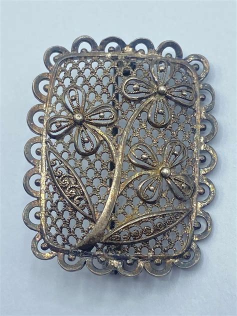 Antique 1920s Foreign Sterling Silver Filigree Flower Brooch