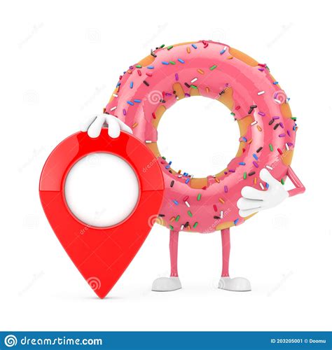 Big Strawberry Pink Glazed Donut Character Mascot With Map Pointer