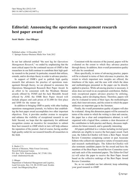 Pdf Editorial Announcing The Operations Management Research Best Paper Award