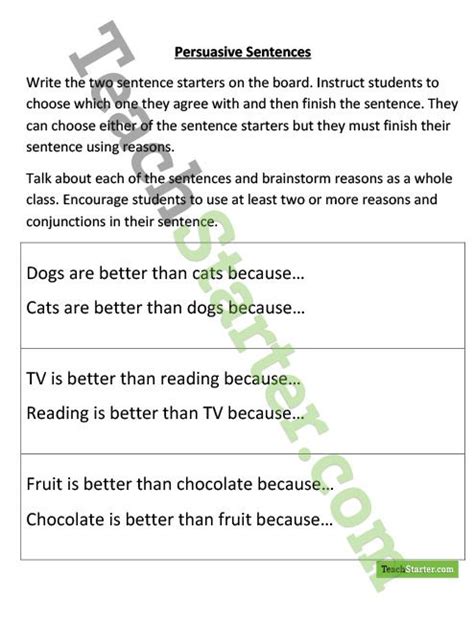 Persuasive Sentence Worksheet Teaching Resources Teach Starter Persuasive Writing