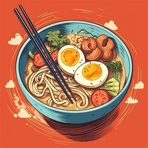 Dibujado a mano ilustración de ramen japonés de dibujos animados Foto