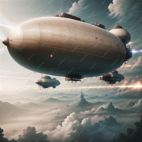 Premium AI Image | A painting of a airship flying above the clouds