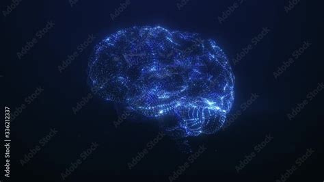 3D Render Of Human Brain Side View Blue Particles Follow Brain