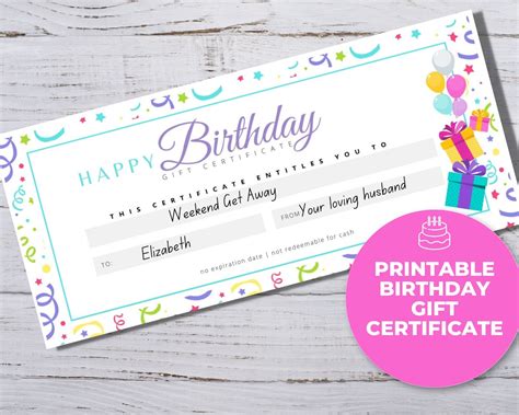 Birthday Gift Certificate Printable, Gift Certificate Template, Blank ...