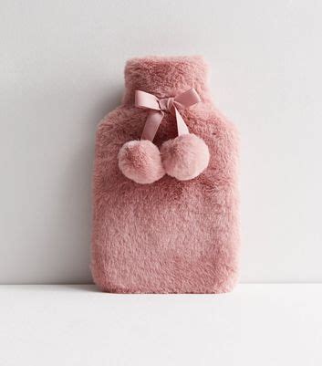 Pink Faux Fur Pom Pom Hot Water Bottle New Look