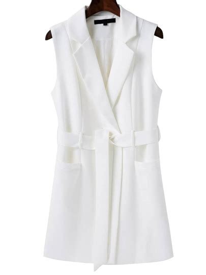 White Sleeveless Blazer With Belt Sheinsheinside