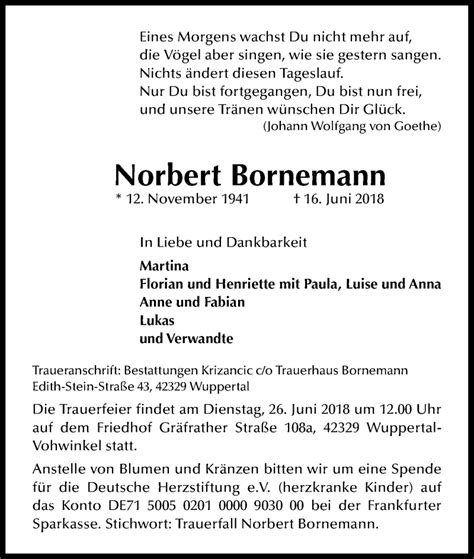 Traueranzeigen Von Norbert Bornemann WirTrauern