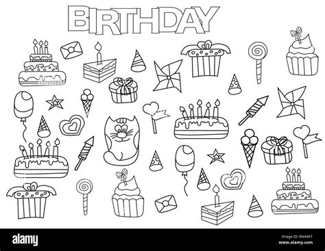 Hand drawn birthday set. Coloring book page template. Outline doodle ...