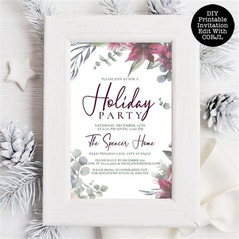 Elegant Christmas Invitations, Poinsettia Editable Template, Printable ...