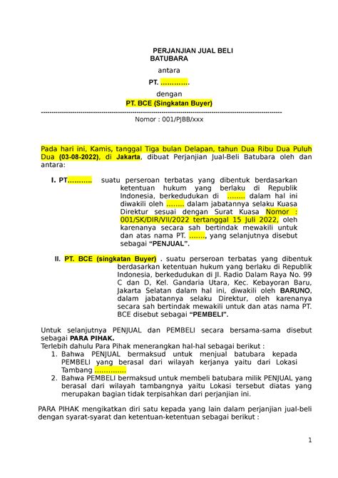 Draft Kontrak PT BCE Dgsdhjm PERJANJIAN JUAL BELI BATUBARA Antara