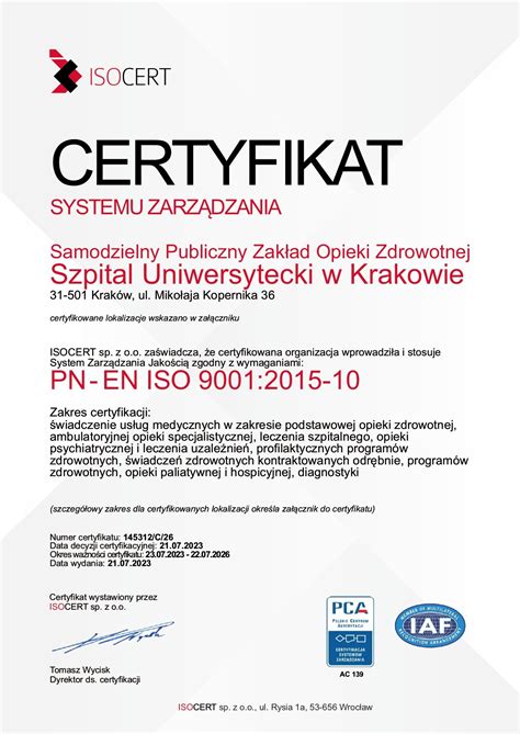 Certyfikat Systemu Zarządzania PN EN ISO 9001 2015 10 Szpital