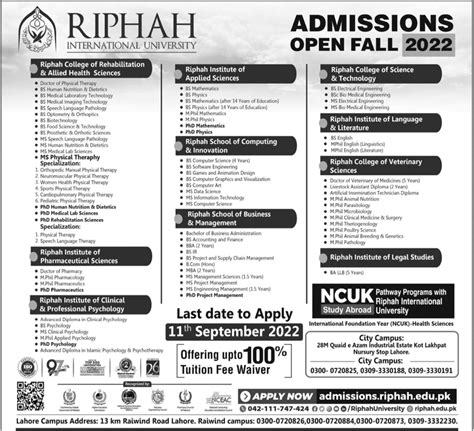 Riphah International University BS MS MPhil PhD Admissions 2022 2024