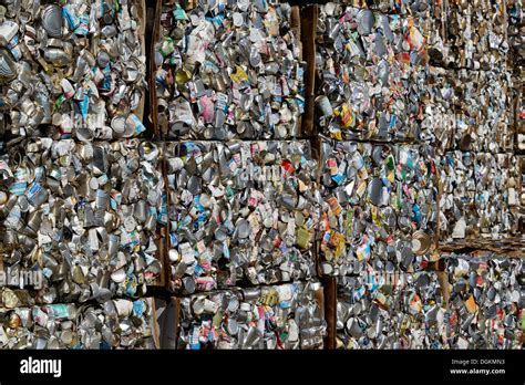 Bales Of Steel Cans At The Recycling Collection Facility In Stock Photo