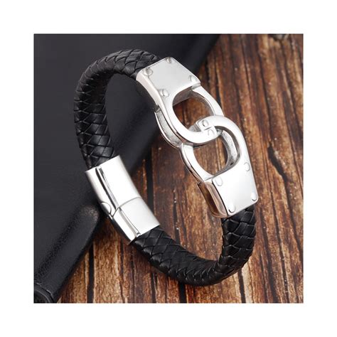 Bracelet Homme Cuir Tresse Avec Menotte Acier