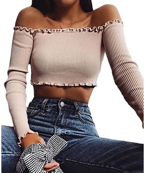 Women S Sexy Off Shoulder Crop Tops Colors Summer Long Sleeves