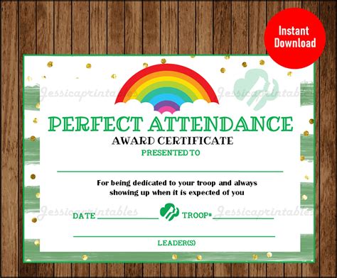 Printable Girl Scout Perfect Attendance Certificate Printable Etsy