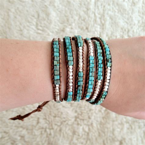 Western Turquoise Beaded Leather Wrap Bracelet Southwestern