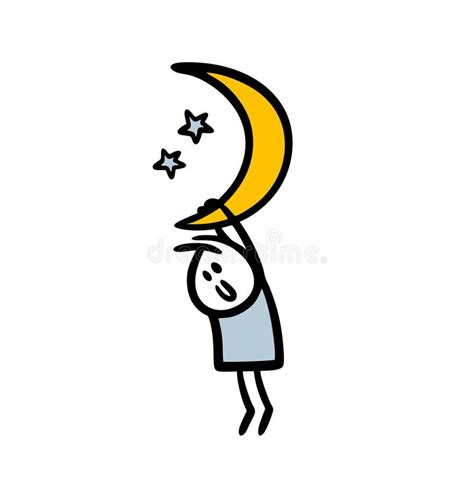 Cartoon Man Holds On To The Moon With His Hands And Hangs Among The