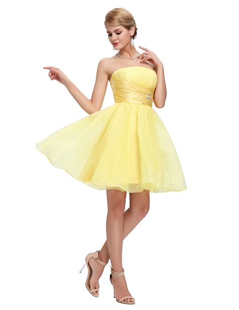 Short Strapless Bridesmaid Party Evening Cocktail Dress Yellow Color